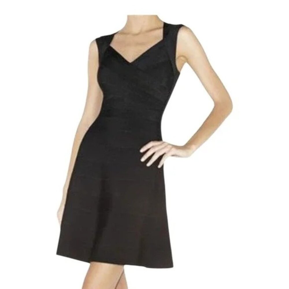 HERVE LEGER Black Bruna Sleeveless V Neck Bandage Fit & Flare Dress